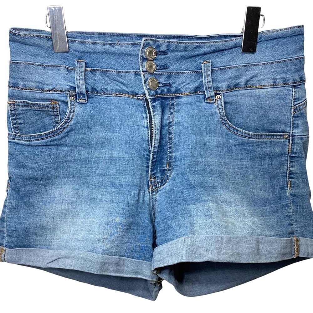 IBIZA Hi Rise Push Up Blue Jeans Shorts Cuffed Hem Stretch Denim Sz 11